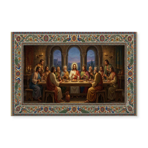 The Last Supper Canvas Wall Art with Madhubani Floral Border