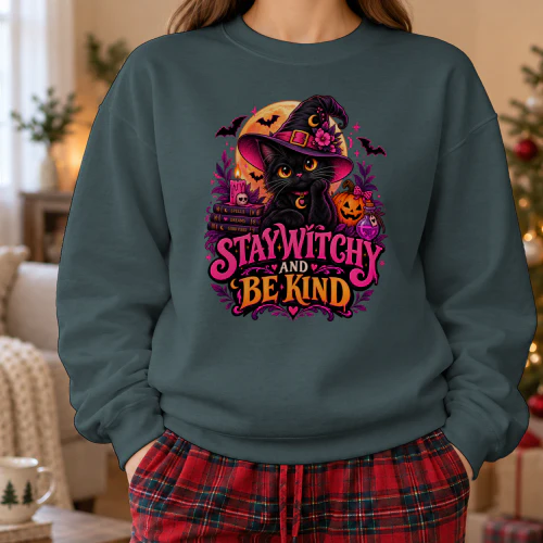 Stay Witchy And Be Kind – Cute Black Cat Halloween Sweatshirt