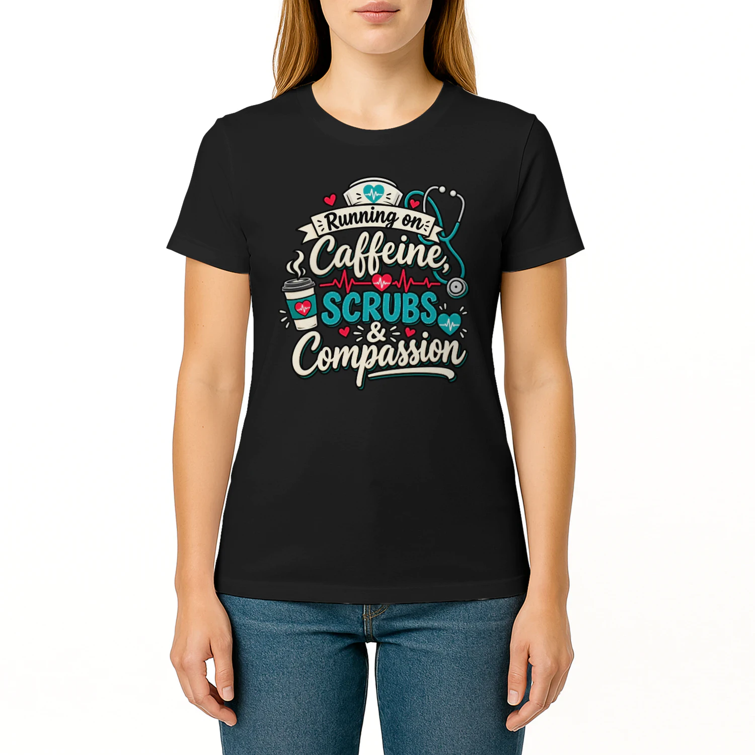 Running On Caffeine Scrubs & Compassion Funny Nurse T-Shirt