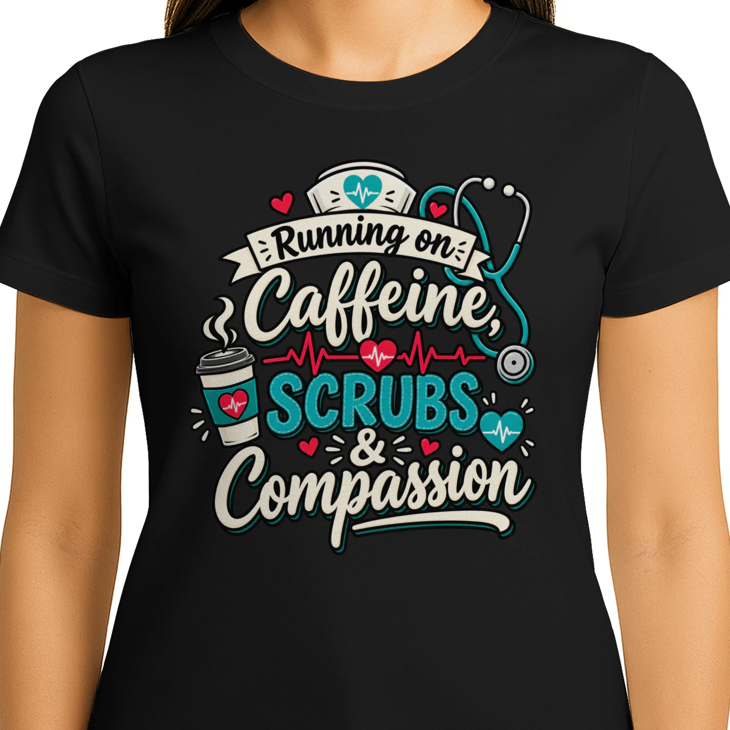 Running On Caffeine Scrubs & Compassion Funny Nurse T-Shirt