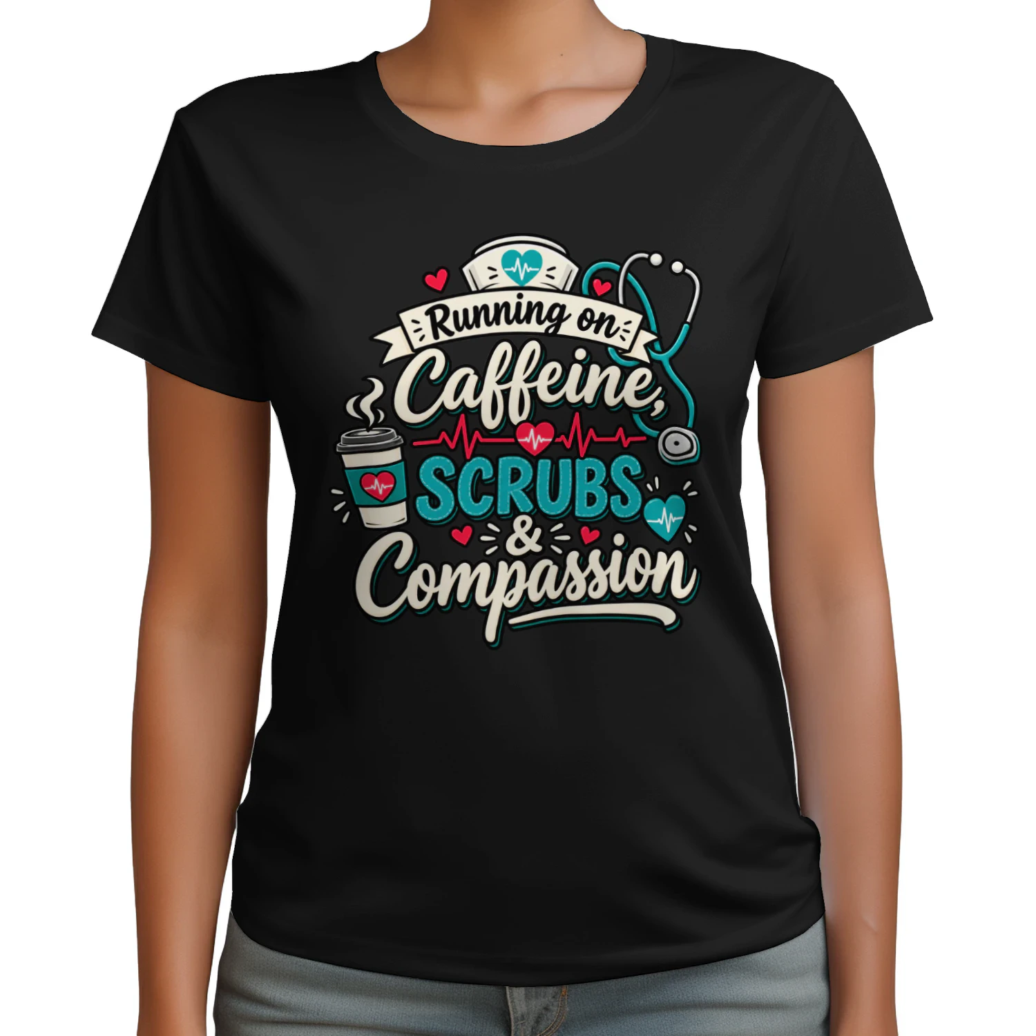 Running On Caffeine Scrubs & Compassion Funny Nurse T-Shirt