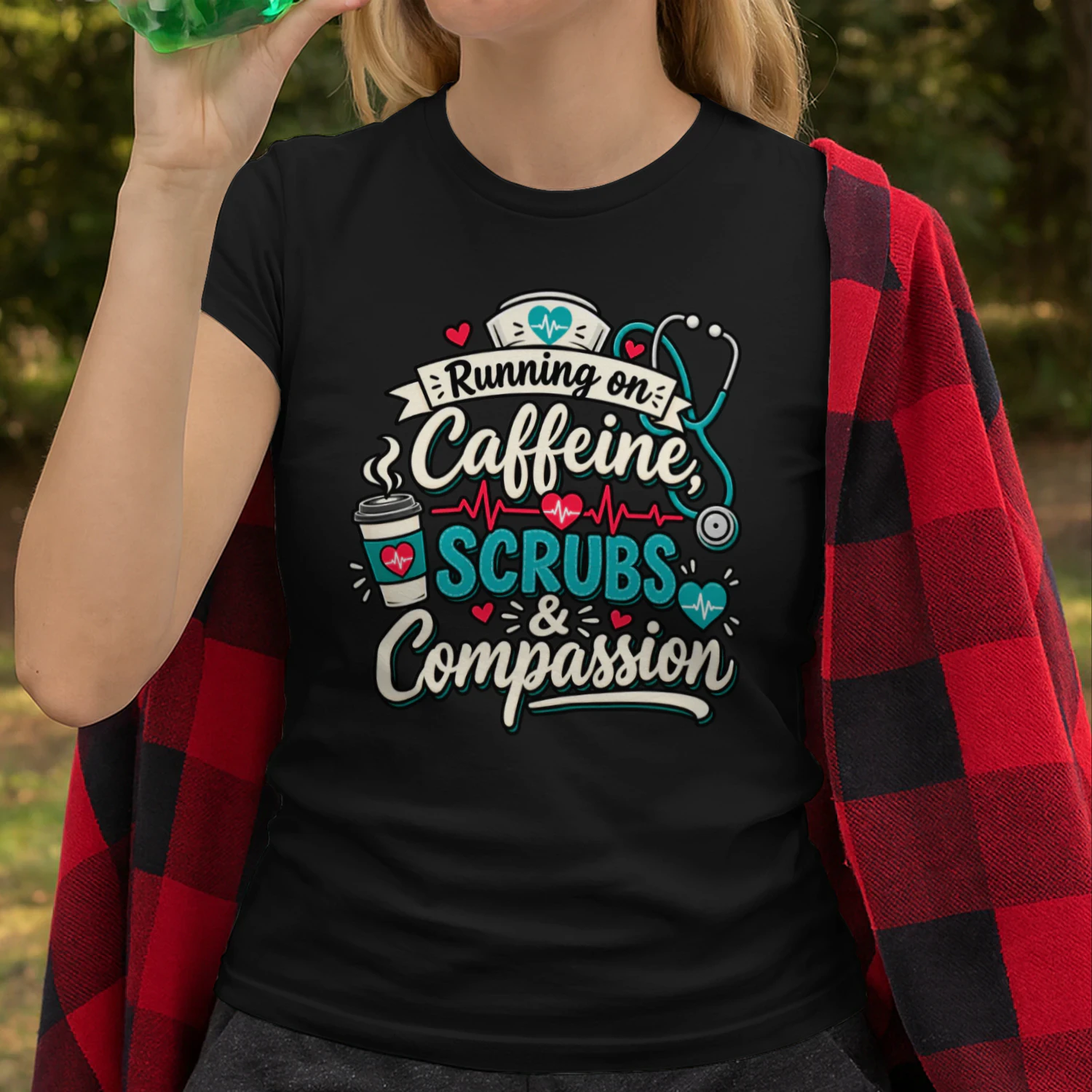 Running On Caffeine Scrubs & Compassion Funny Nurse T-Shirt