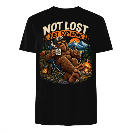 Not Lost Just Exploring Bigfoot Camping T-Shirt – Funny Sasquatch Outdoor Adventure Tee
