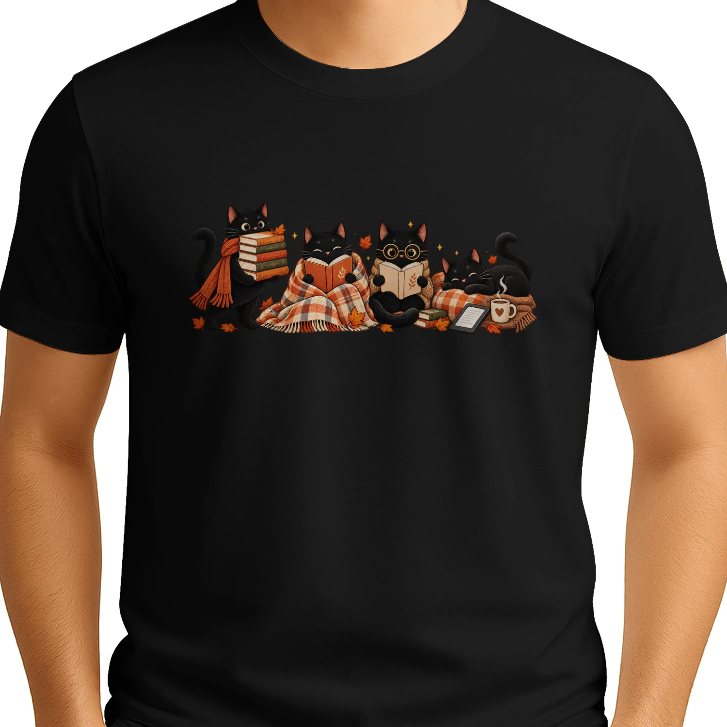 Cozy Black Cats Reading Books Autumn Book Lover T-Shirt