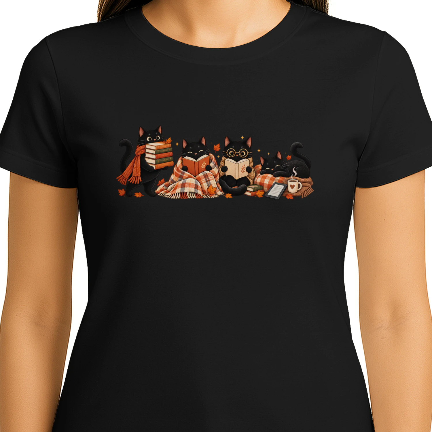 Cozy Black Cats Reading Books Autumn Book Lover T-Shirt