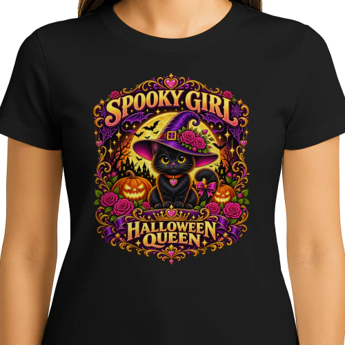 Spooky Girl Halloween Queen – Cute Black Cat Witch T-Shirt