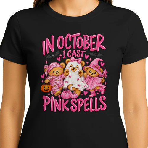 Halloween T-shirt met Beertjes – In October I Cast Pink Spells