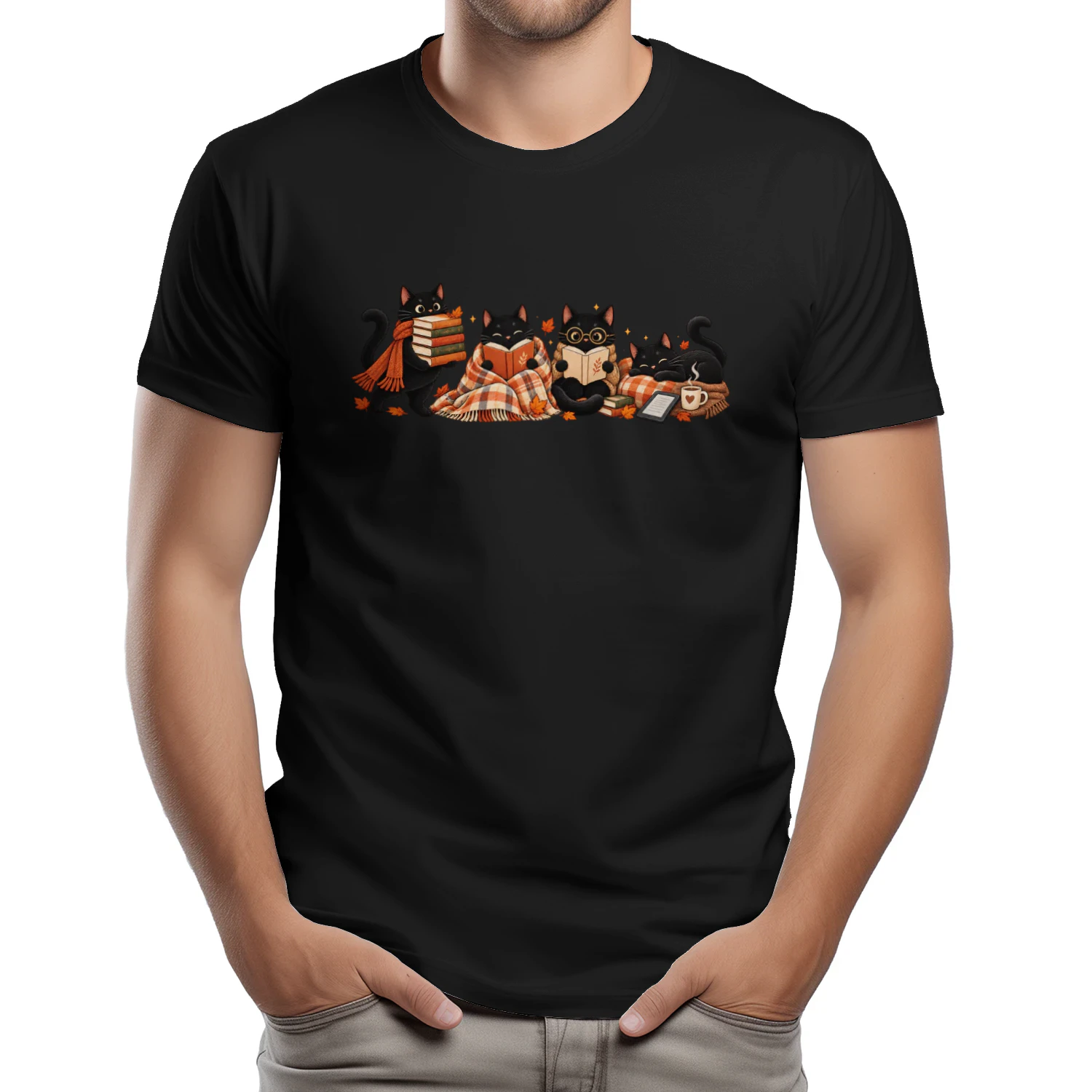 Cozy Black Cats Reading Books Autumn Book Lover T-Shirt