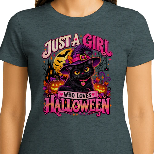 Just A Girl Who Loves Halloween – Cute Black Cat Witch T-Shirt