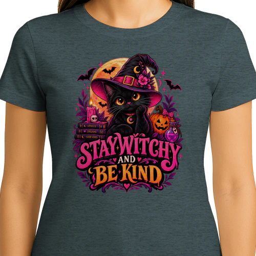 Stay Witchy And Be Kind – Cute Black Cat Halloween T-Shirt
