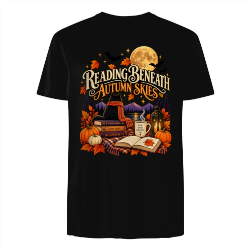 Reading Beneath Autumn Skies – Book Lover Fall T-Shirt