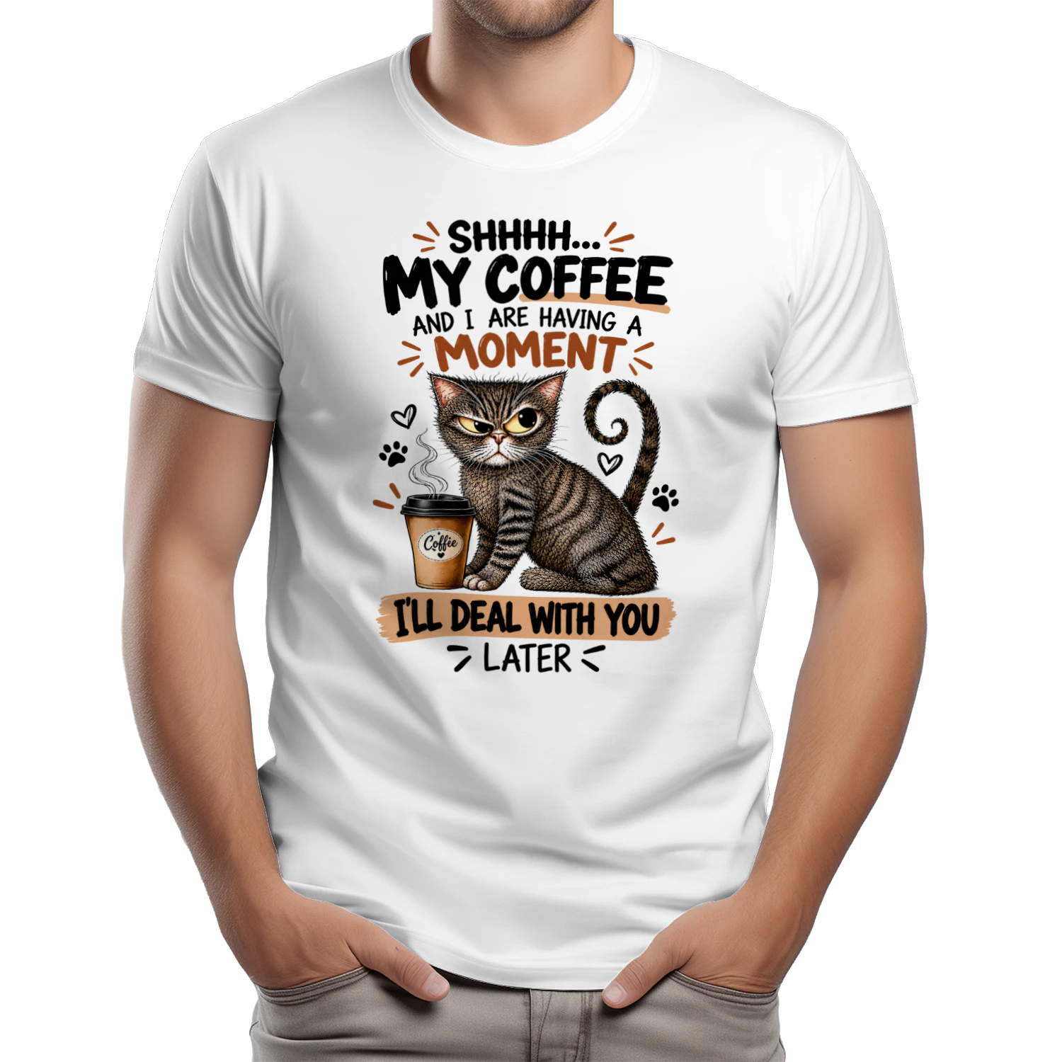 Funny Grumpy Cat Coffee T-Shirt – Shhh My Coffee and I Need a Moment, Sarcastic Cat Lover Gift
