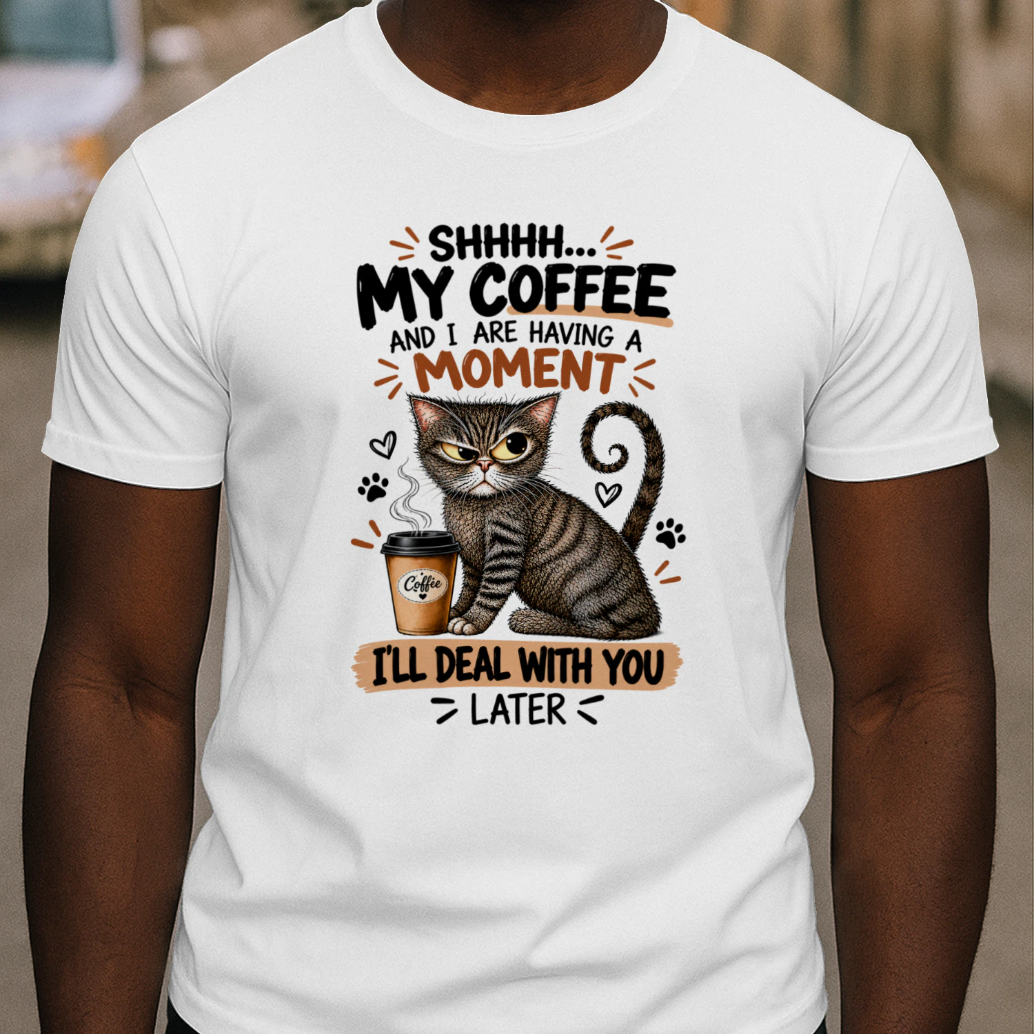 Funny Grumpy Cat Coffee T-Shirt – Shhh My Coffee and I Need a Moment, Sarcastic Cat Lover Gift