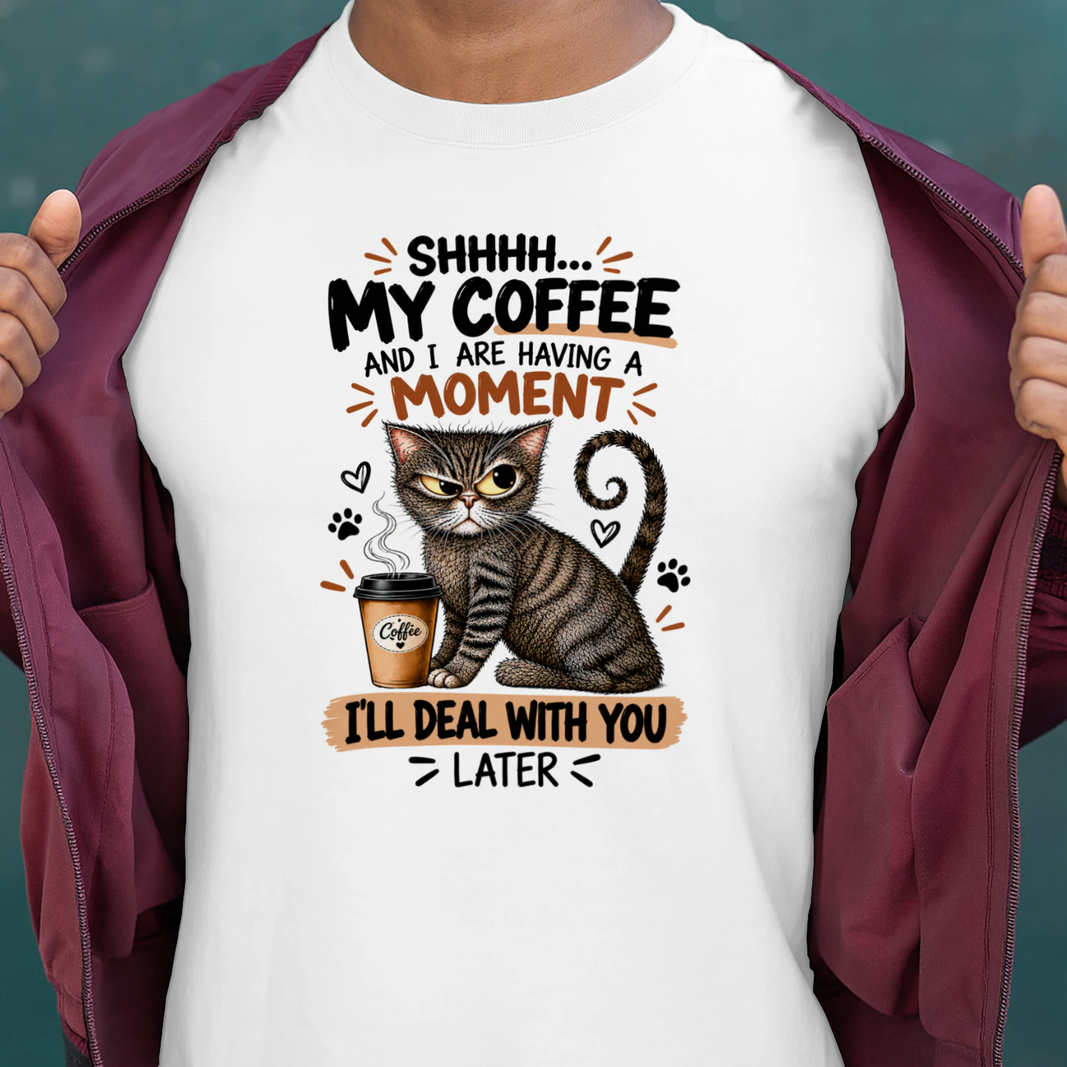 Funny Grumpy Cat Coffee T-Shirt – Shhh My Coffee and I Need a Moment, Sarcastic Cat Lover Gift