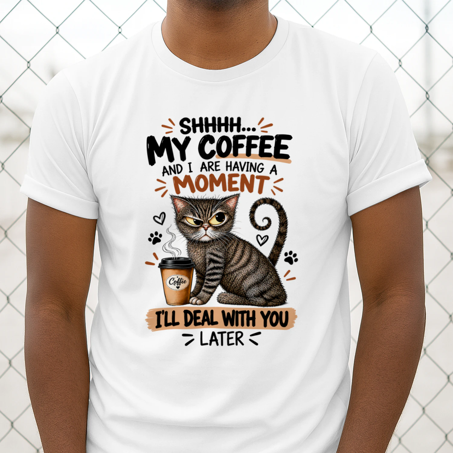Funny Grumpy Cat Coffee T-Shirt – Shhh My Coffee and I Need a Moment, Sarcastic Cat Lover Gift
