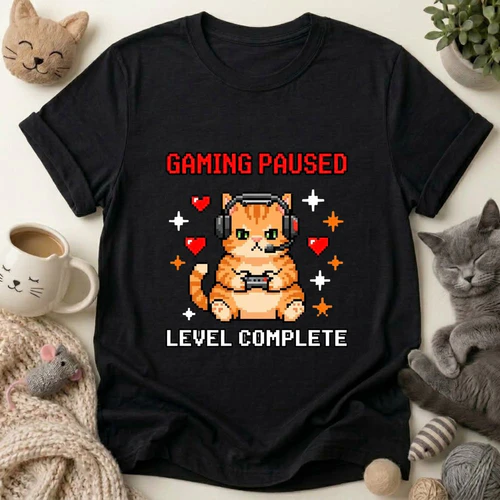 Gaming Paused Level Complete Cat T-shirt