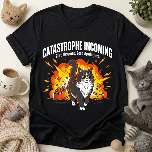 Catastrophe Incoming Zero Regrets Zero Apologies Funny Cat Unisex t-shirt