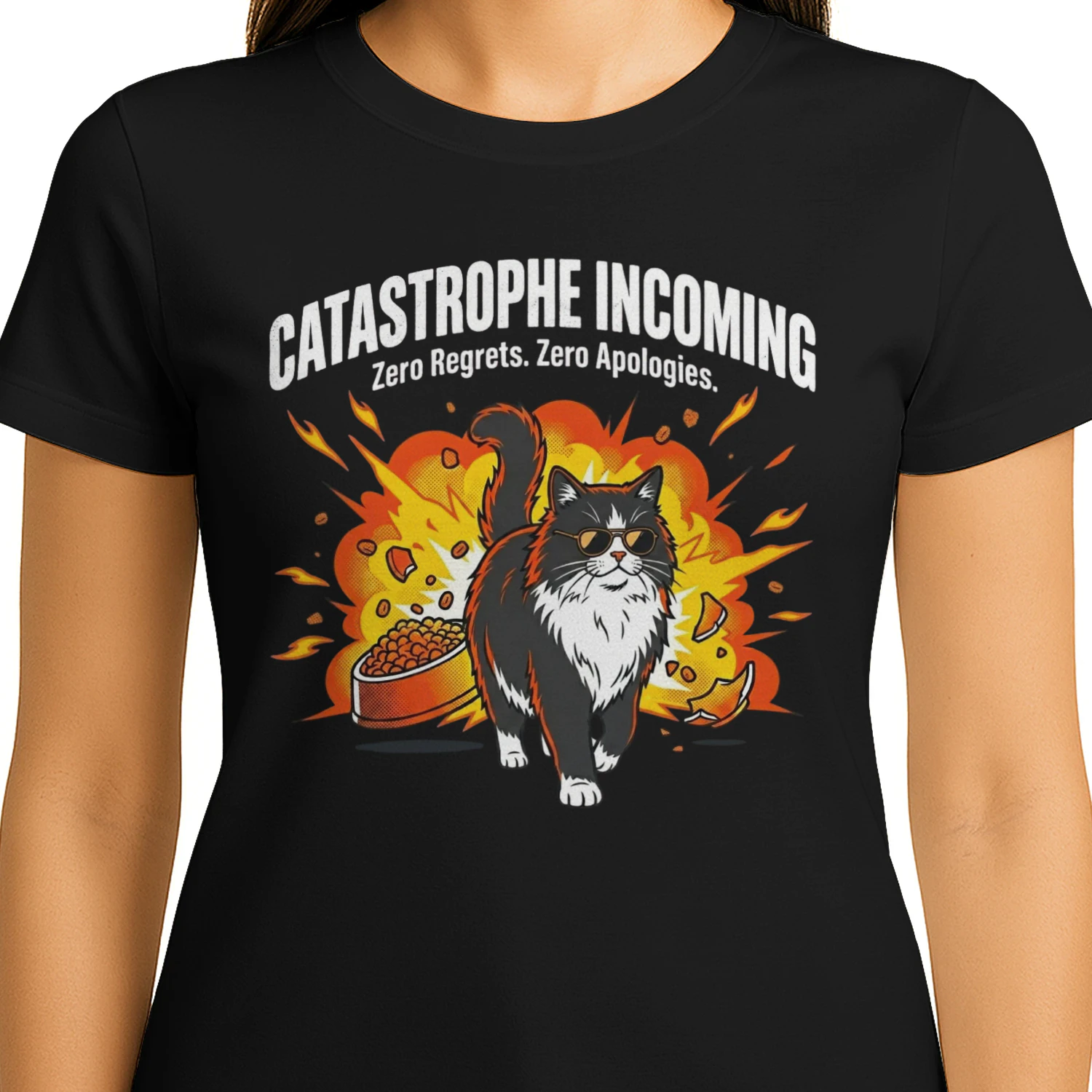 Catastrophe Incoming Zero Regrets Zero Apologies funny cat Unisex t-shirt