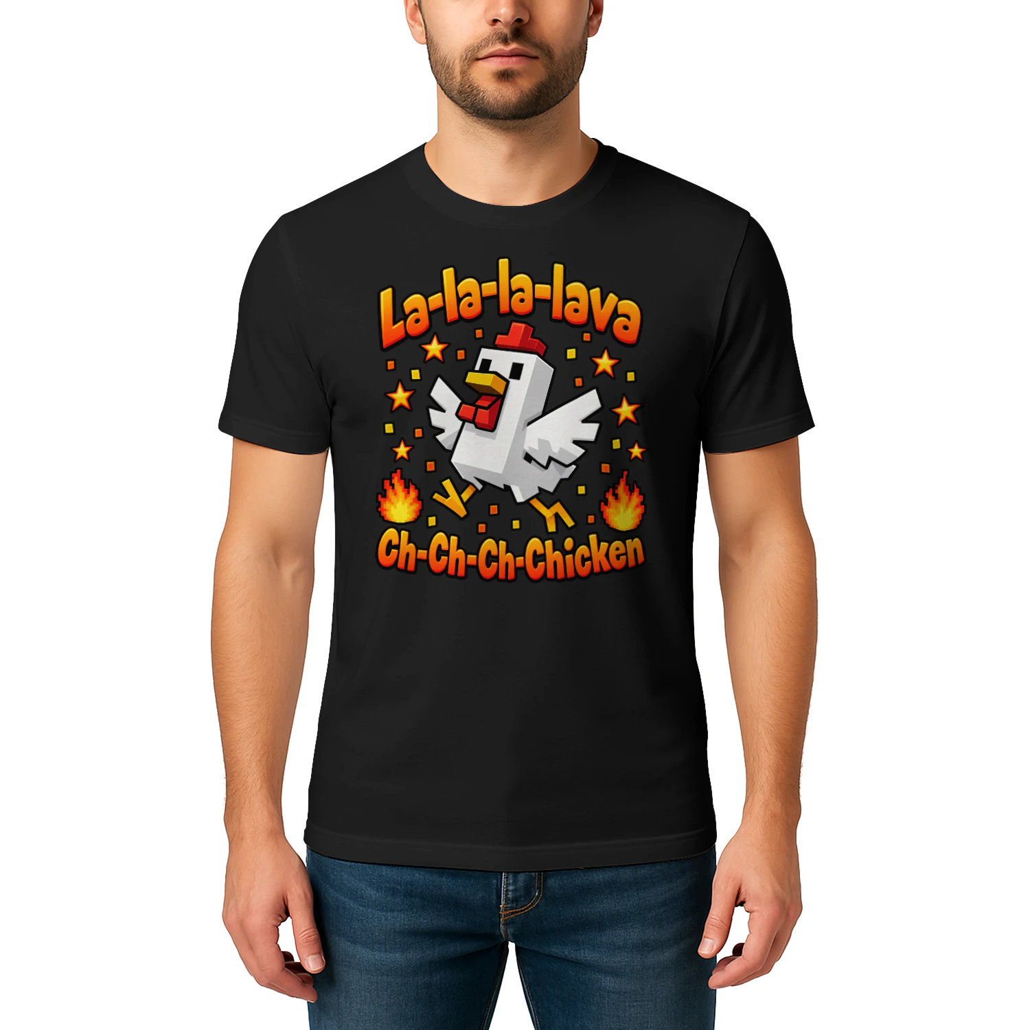 avec motif de poulet carré pixel flamme 3D, imprimé avec motif de poulet de dessin animé "La-La-Lava