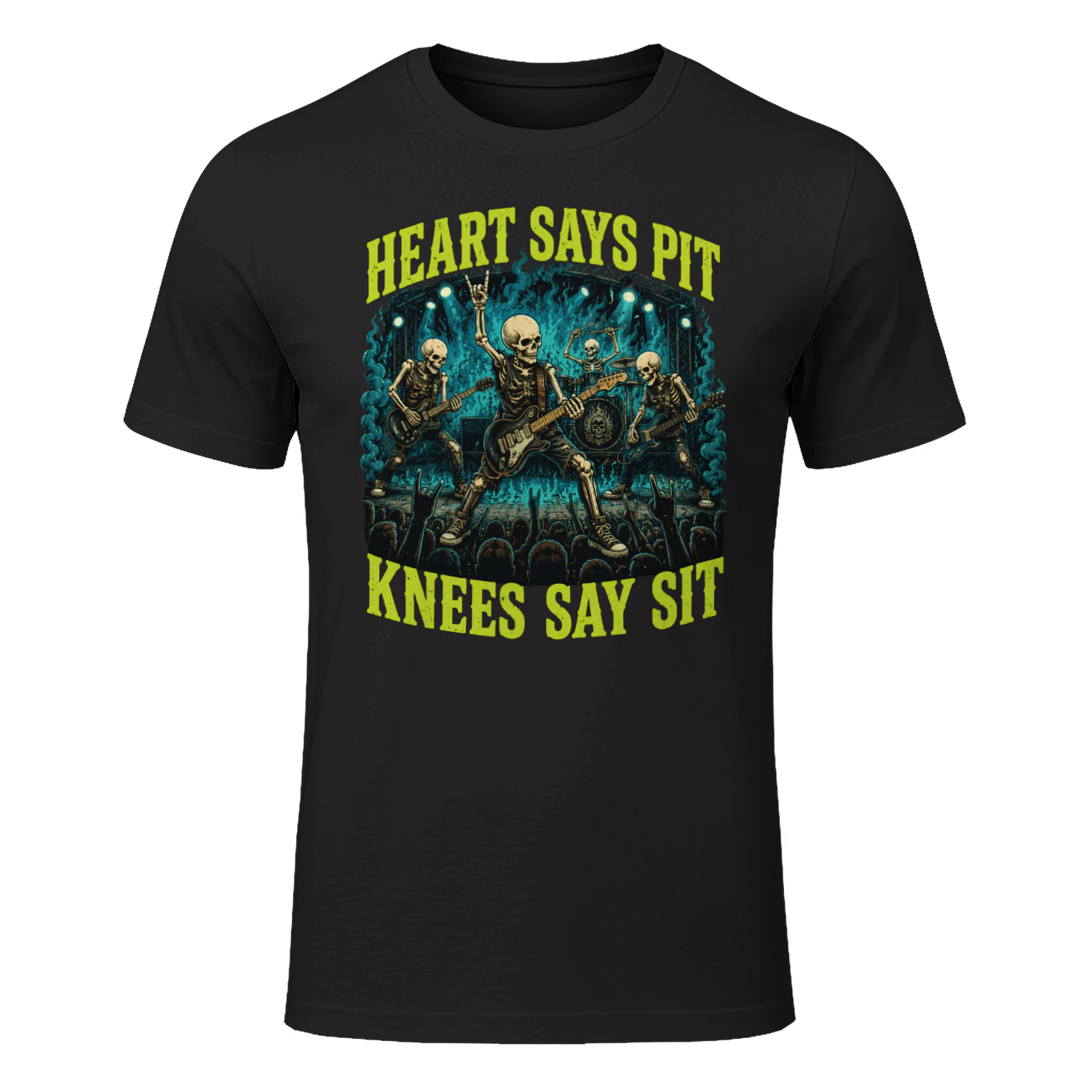 Heart Says Pit Knees Say Sit Skeleton Classic Unisex T-shirt 🤘💀 Funny Rock Music Mosh Pit Concert Tee | Heavy Metal Fan Gift – Get Yours Today!