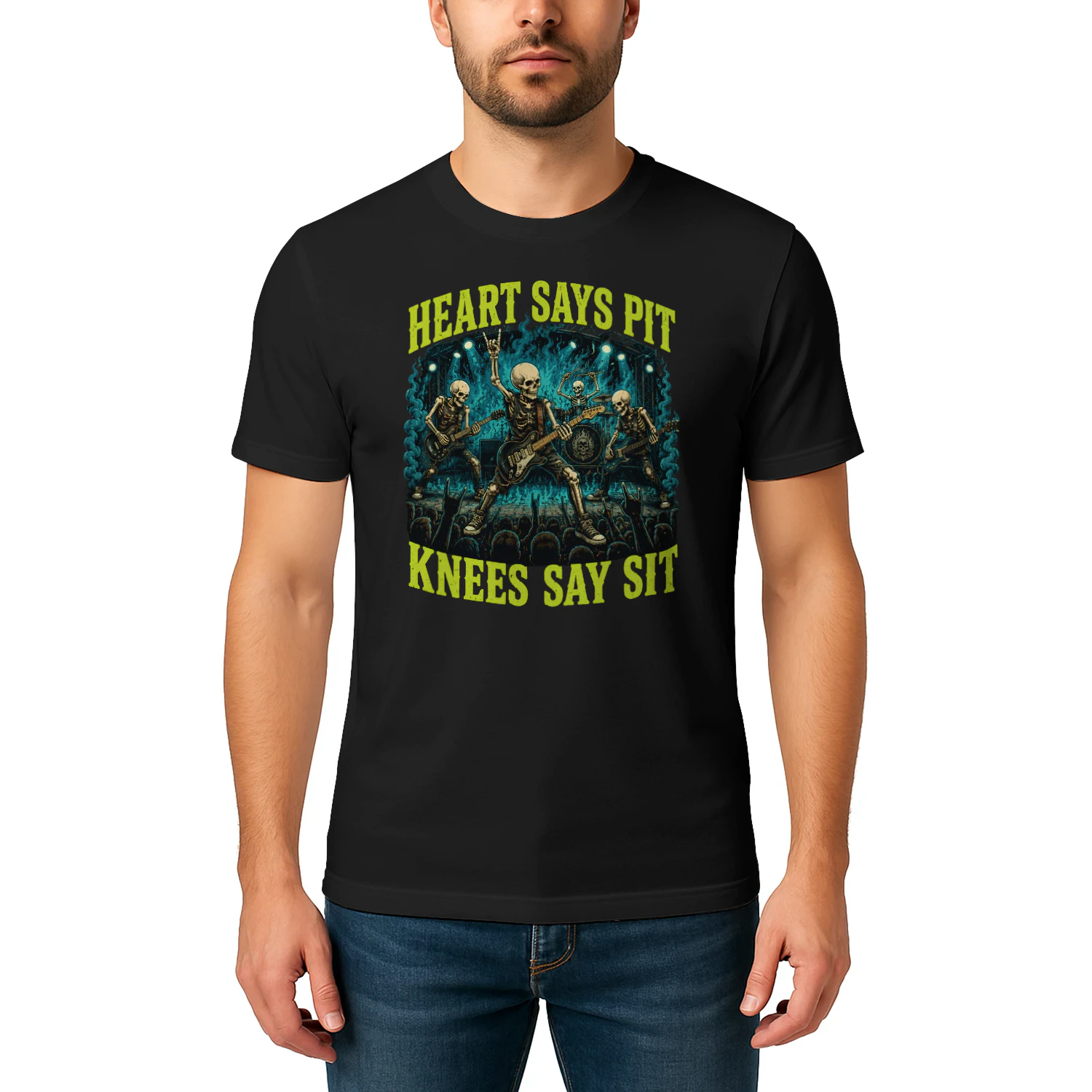 Heart Says Pit Knees Say Sit Skeleton Classic Unisex T-shirt 🤘💀 Funny Rock Music Mosh Pit Concert Tee | Heavy Metal Fan Gift – Get Yours Today!