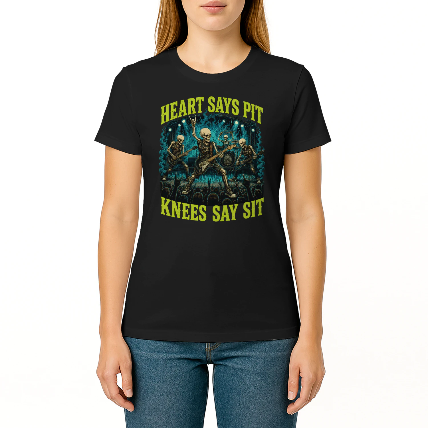 Heart Says Pit Knees Say Sit Skeleton Classic Unisex T-shirt 🤘💀 Funny Rock Music Mosh Pit Concert Tee | Heavy Metal Fan Gift – Get Yours Today!