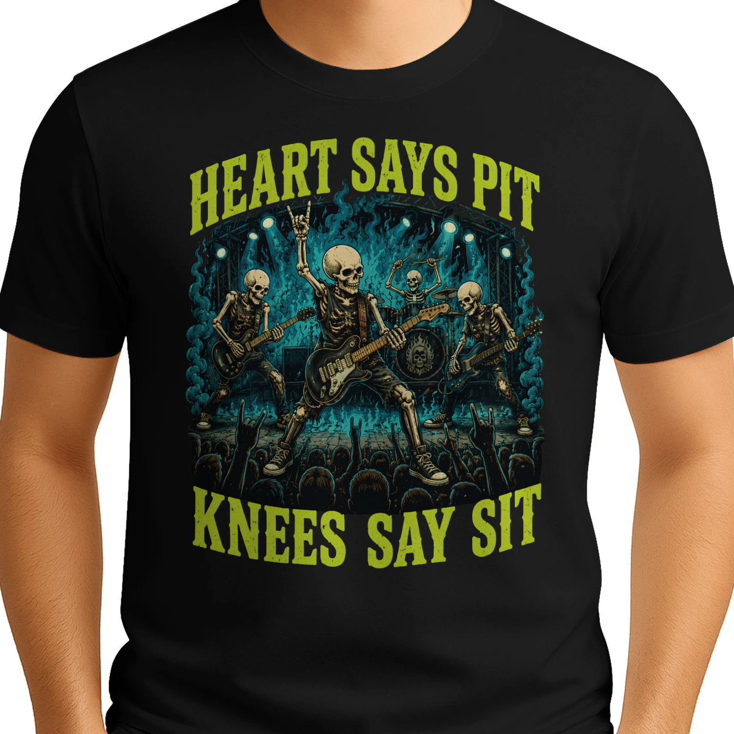Heart Says Pit Knees Say Sit Skeleton Classic Unisex T-shirt 🤘💀 Funny Rock Music Mosh Pit Concert Tee | Heavy Metal Fan Gift – Get Yours Today!