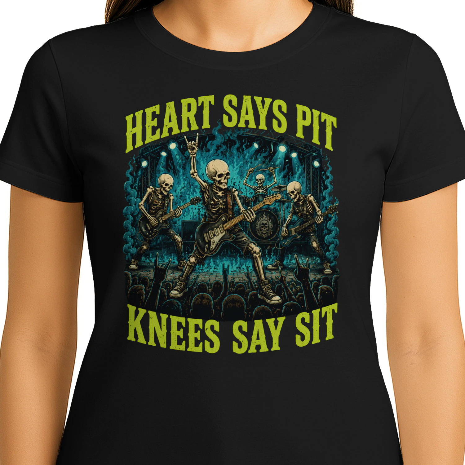 Heart Says Pit Knees Say Sit Skeleton Classic Unisex T-shirt 🤘💀 Funny Rock Music Mosh Pit Concert Tee | Heavy Metal Fan Gift – Get Yours Today!