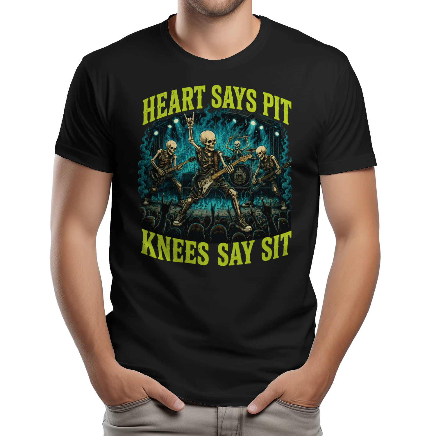 Heart Says Pit Knees Say Sit Skeleton Classic Unisex T-shirt 🤘💀 Funny Rock Music Mosh Pit Concert Tee | Heavy Metal Fan Gift – Get Yours Today!