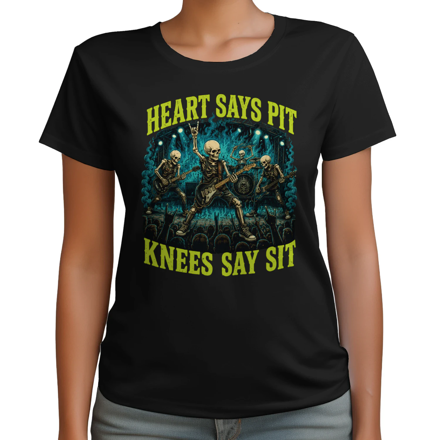 Heart Says Pit Knees Say Sit Skeleton Classic Unisex T-shirt 🤘💀 Funny Rock Music Mosh Pit Concert Tee | Heavy Metal Fan Gift – Get Yours Today!
