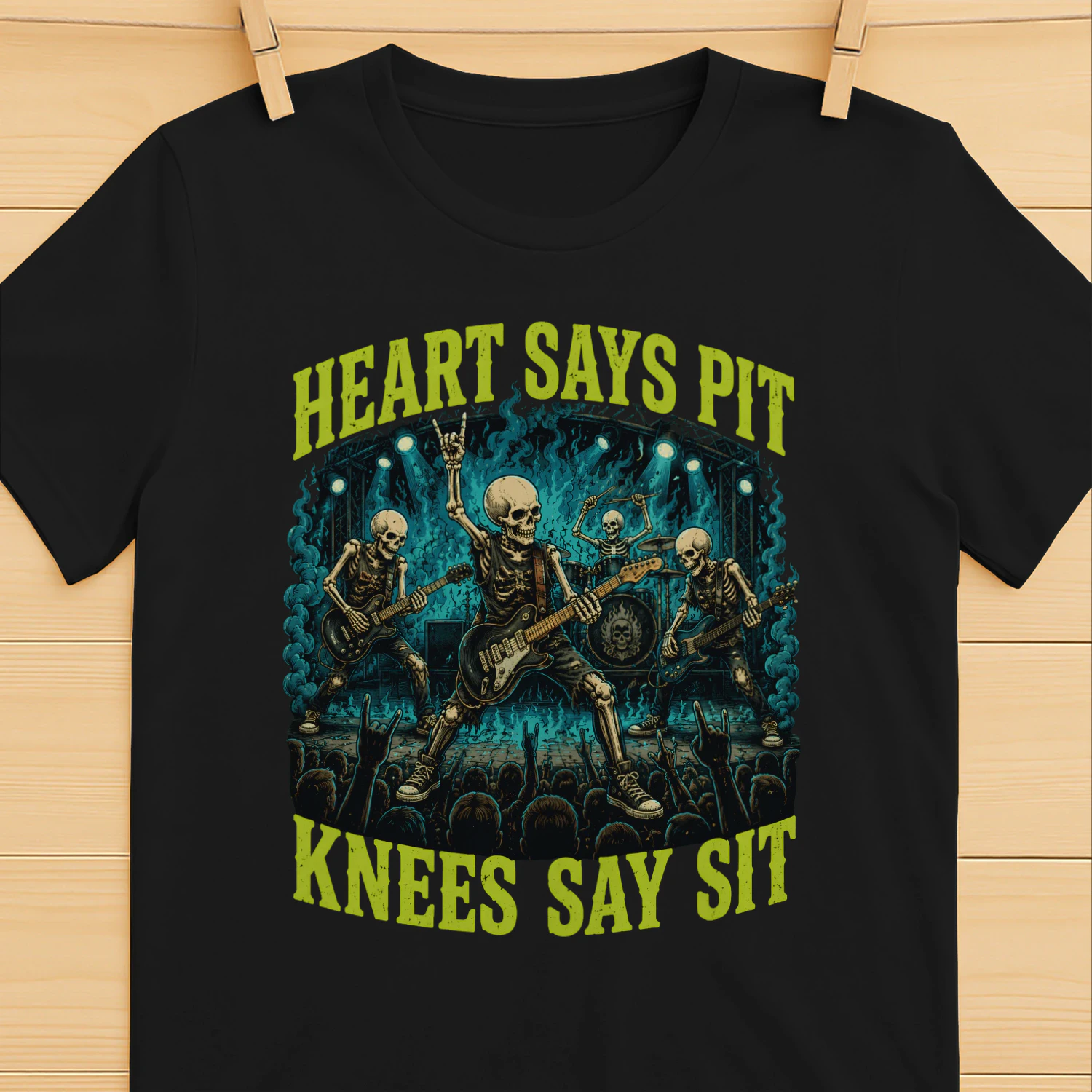 Heart Says Pit Knees Say Sit Skeleton Classic Unisex T-shirt 🤘💀 Funny Rock Music Mosh Pit Concert Tee | Heavy Metal Fan Gift – Get Yours Today!
