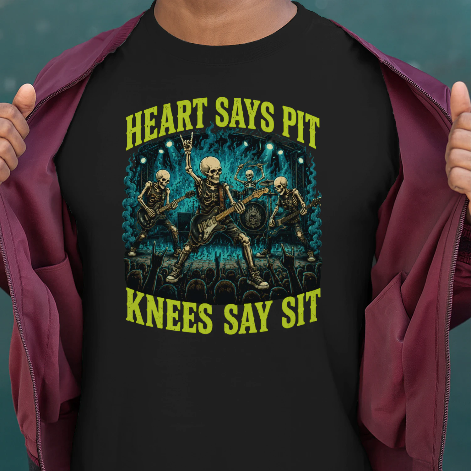 Heart Says Pit Knees Say Sit Skeleton Classic Unisex T-shirt 🤘💀 Funny Rock Music Mosh Pit Concert Tee | Heavy Metal Fan Gift – Get Yours Today!