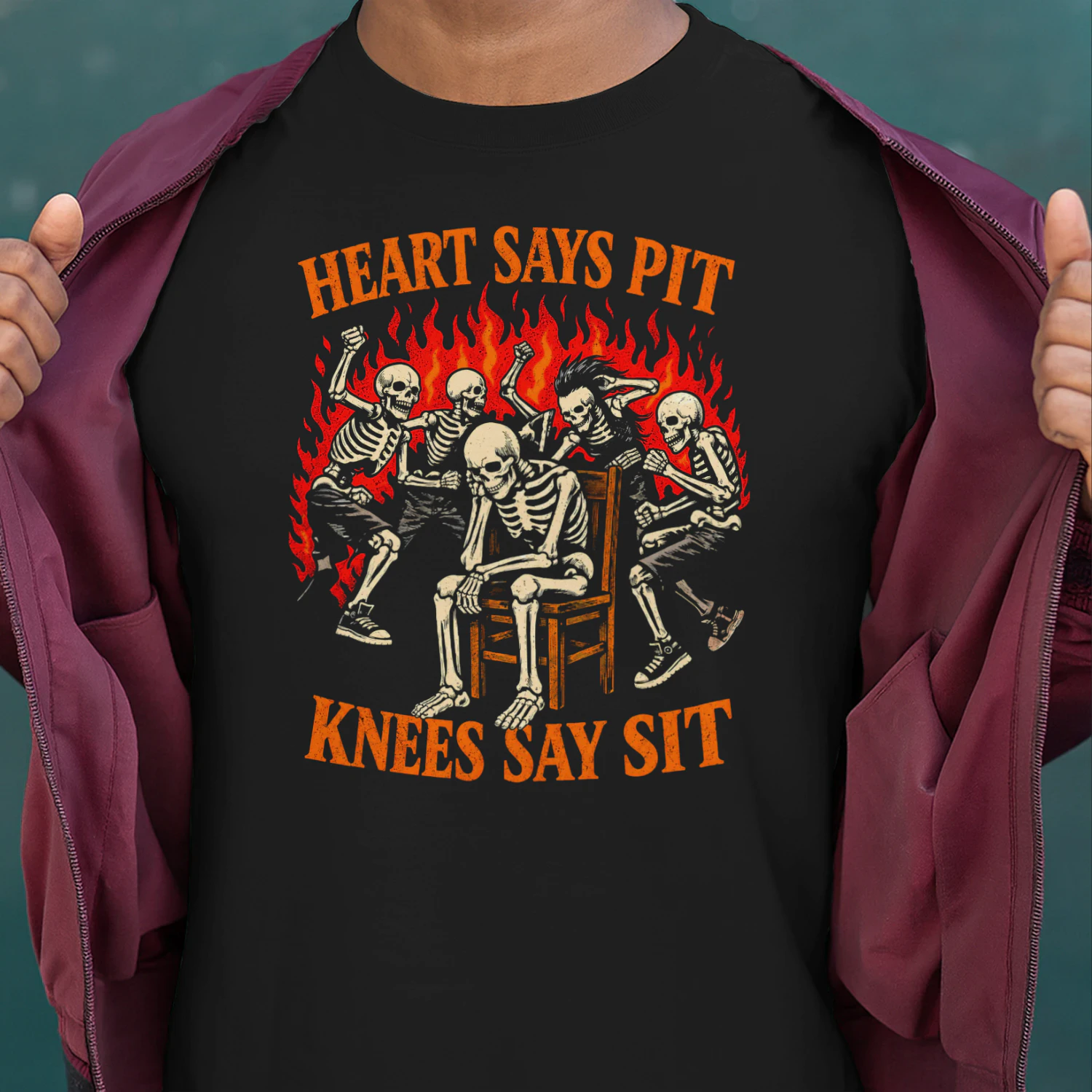 heart sayHeart Says Pit Knees Say Sit Skeleton Classic Unisex T-shirt 🤘💀 Funny Rock Music Mosh Pit Concert Tee  – Get Yours Today!