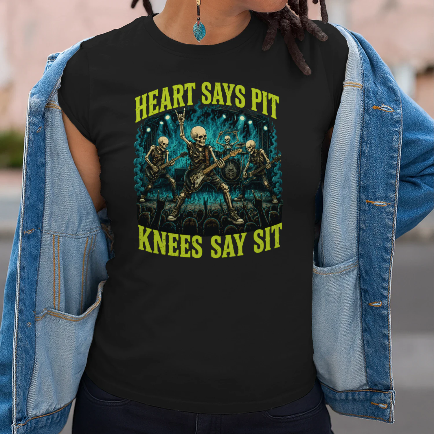 Heart Says Pit Knees Say Sit Skeleton Classic Unisex T-shirt 🤘💀 Funny Rock Music Mosh Pit Concert Tee | Heavy Metal Fan Gift – Get Yours Today!