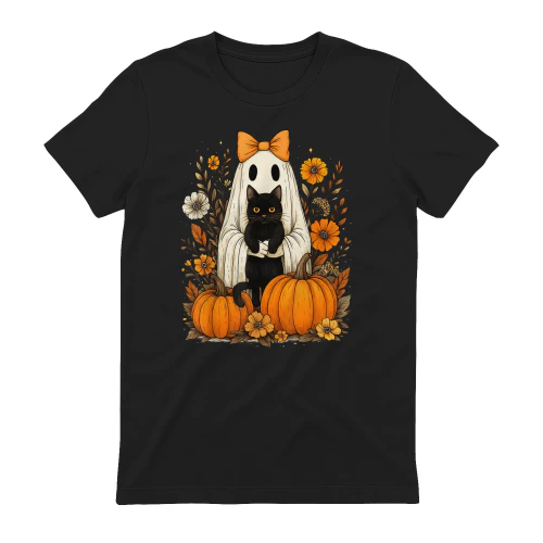 Vintage Halloween Ghost Holding Black Cat Groovy Floral T-Shirt