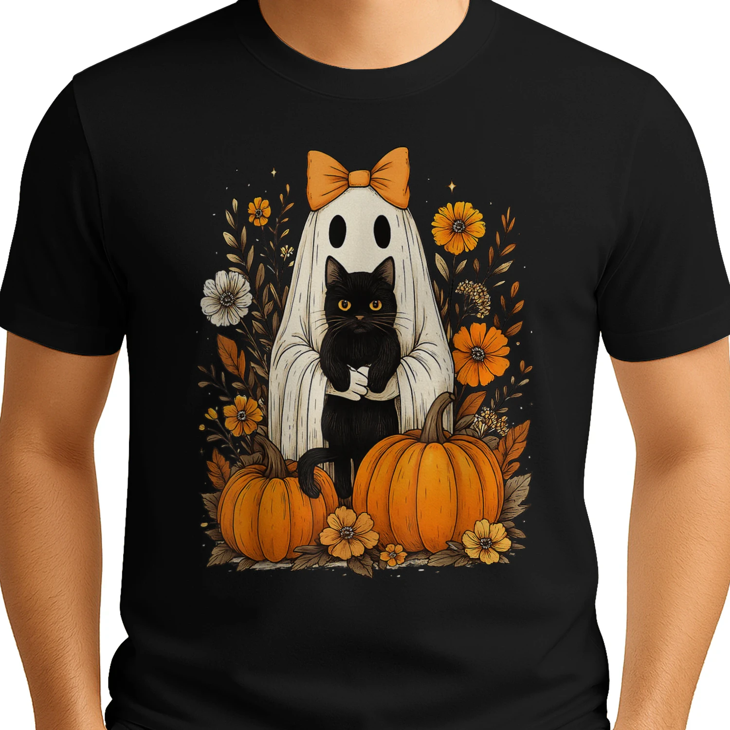 Vintage Halloween Ghost Holding Black Cat Groovy Floral T-Shirt