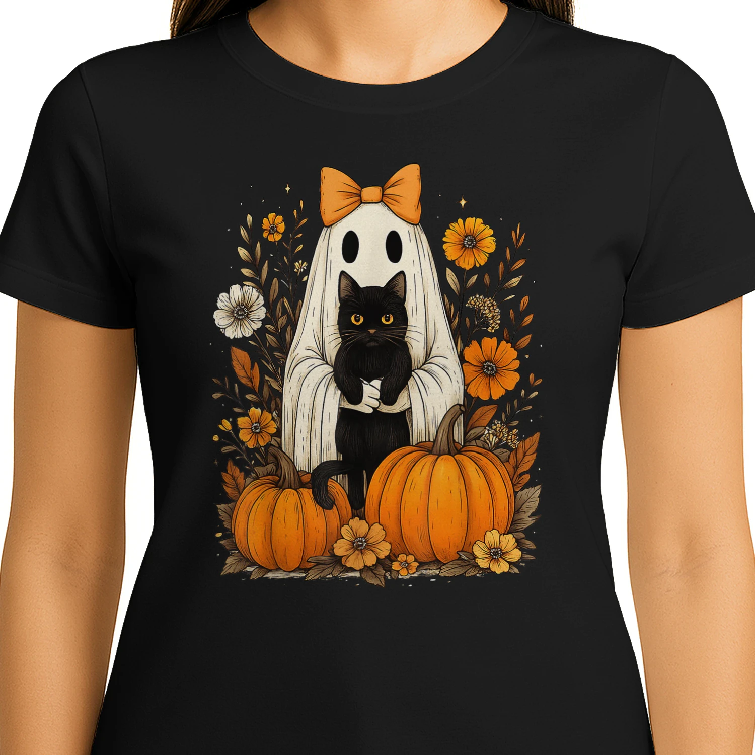 Vintage Halloween Ghost Holding Black Cat Groovy Floral T-Shirt