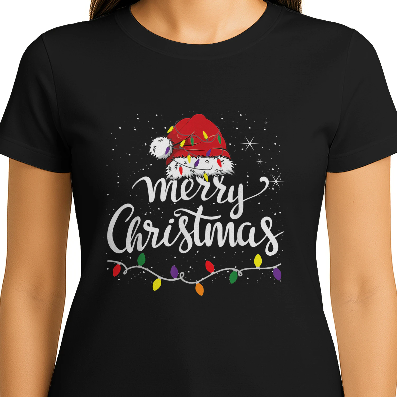 Merry Christmas Lights Red Santa Hat Xmas Family Men Women T-Shirt
