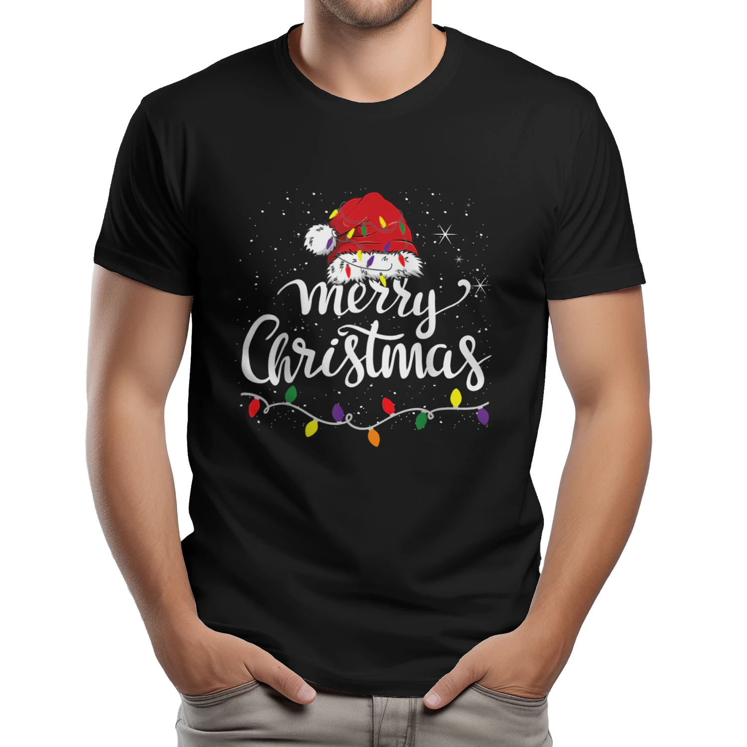 Merry Christmas Lights Red Santa Hat Xmas Family Men Women T-Shirt