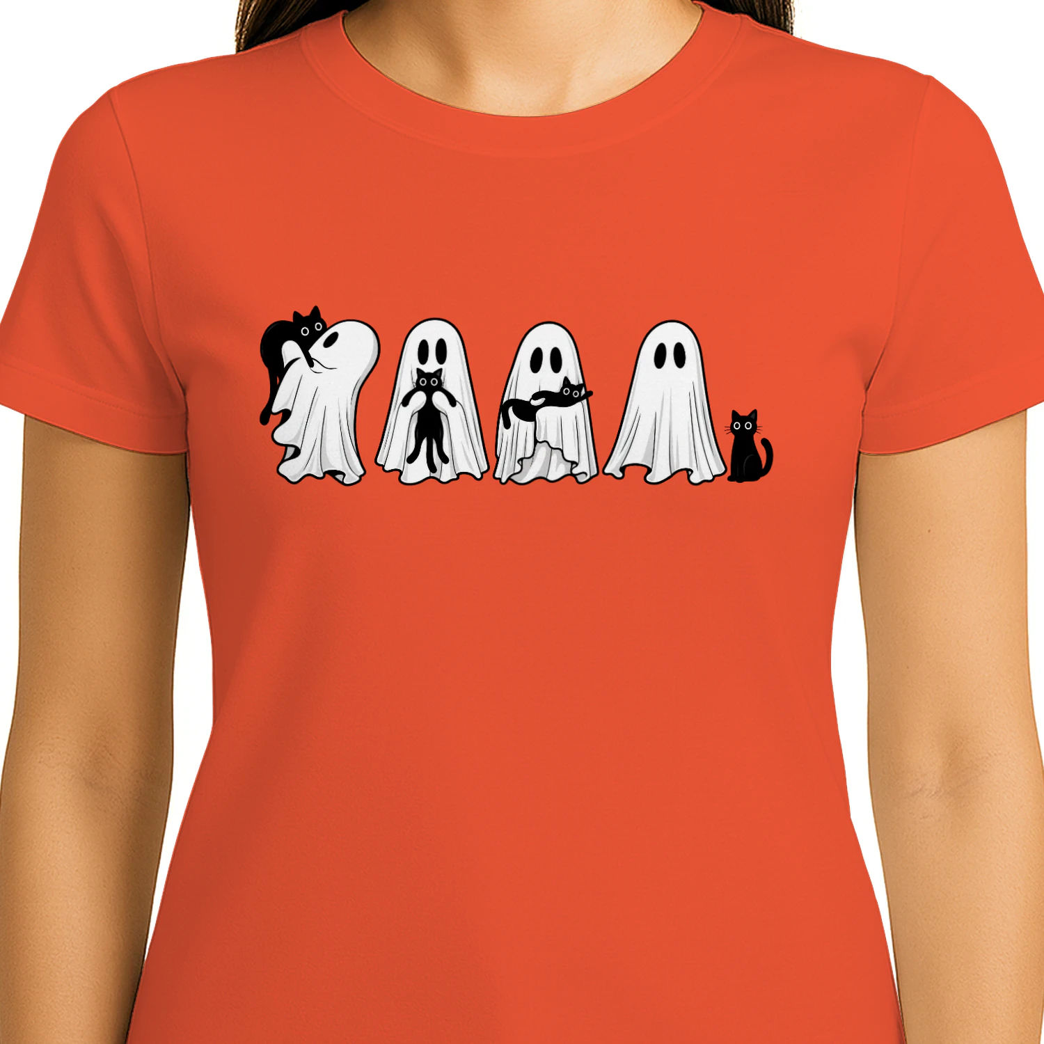 Halloween Ghost Cat Shirt Women Cat Lovers Tshirt Spooky Season Top