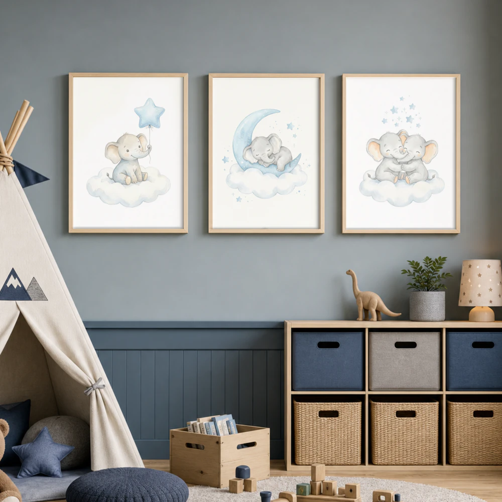 Baby Elefant Mond Poster Jungenzimmer | Aquarell Kinderzimmer Wanddeko