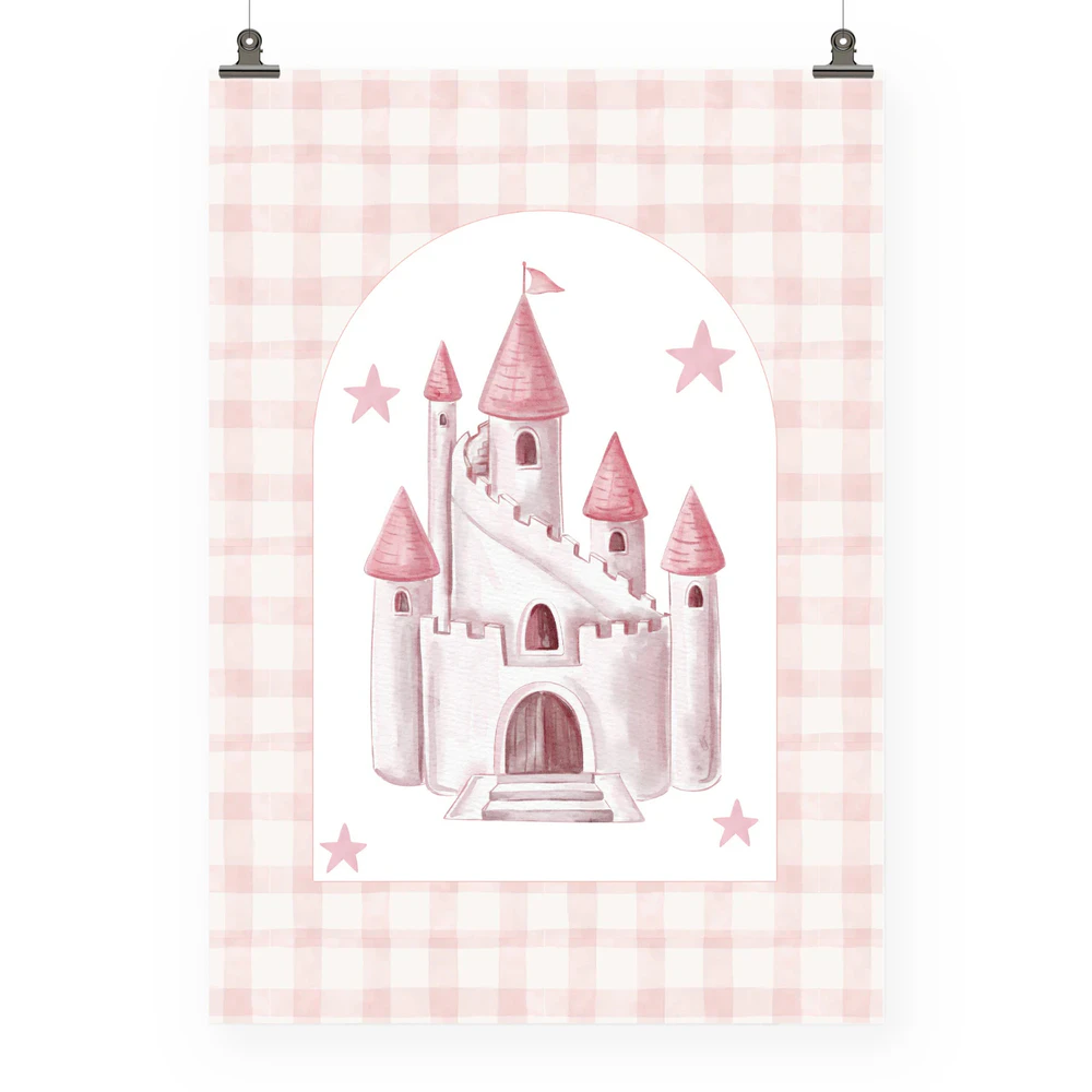 Rosa Schloss Aquarell Leinwand für Mädchen | Kinderzimmer Deko