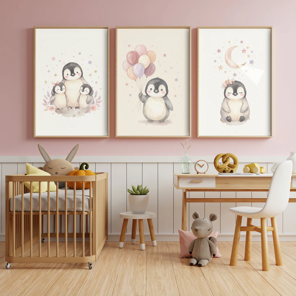 Pinguin Poster Mädchenzimmer | Aquarell Pinguin Babys Blumen Wanddeko