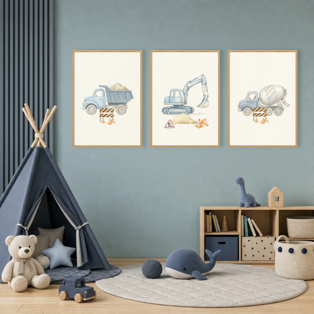 Bagger Poster Jungenzimmer | Aquarell Baustellenfahrzeug Kinderzimmer Deko
