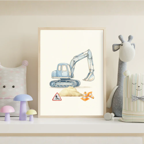 Wandbilder für das Kinderzimmer: Baustellenfahrzeuge – Blaue Fahrzeug-Prints