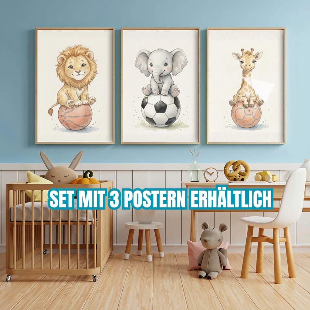Safari Fußball Poster Jungenzimmer | Aquarell Tierposter Babyzimmer Deko