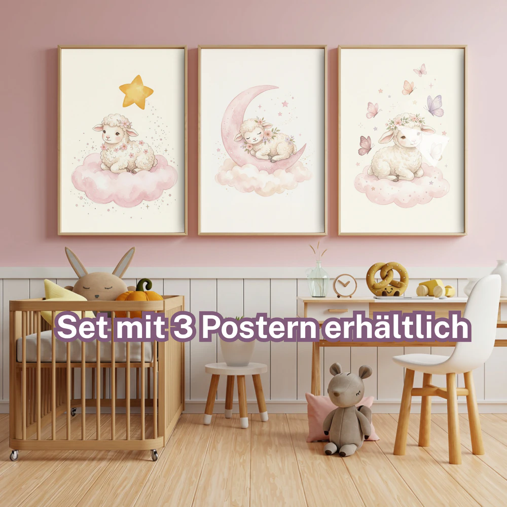 Lamm auf Mond Poster Mädchenzimmer | Aquarell Babyzimmer Wandbild