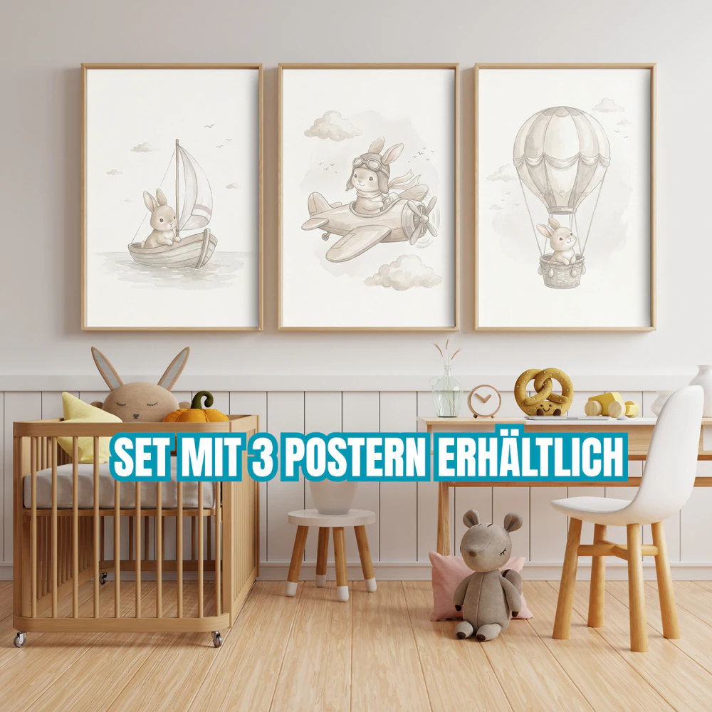 Flugzeug Poster Jungenzimmer | Aquarell Abenteuer Hase Kinderzimmer Deko