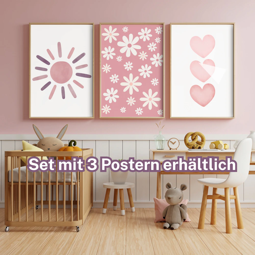 Pink Daisy Blumen Poster für Mädchen | Rosa Aquarell Kinderzimmer Deko