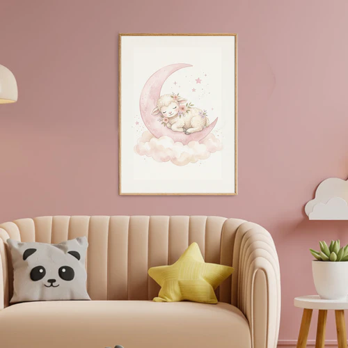 Wandbild mit Schafmotiv fürs Kinderzimmer, Dekordruck mit Mond und Wolken